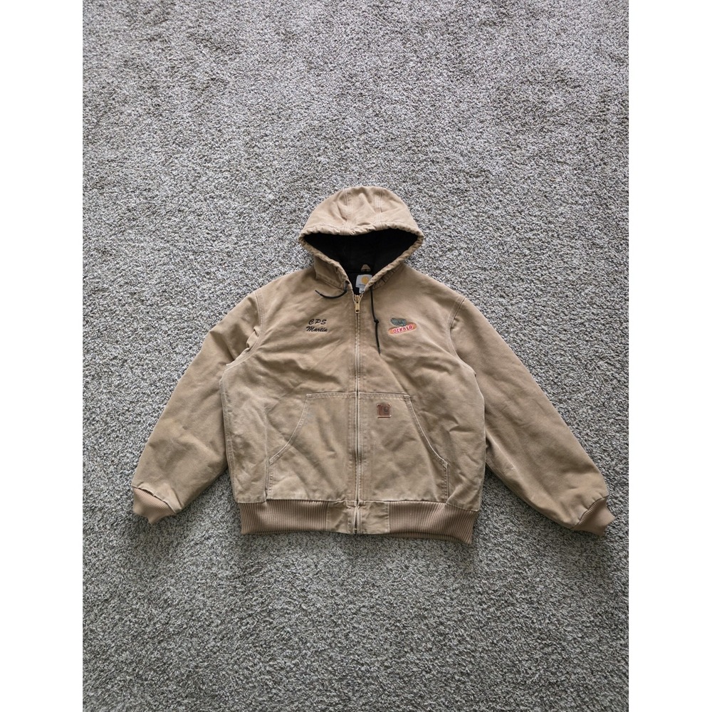 Vintage Carhartt Cream Brown Hooded Jacket Canvas Quilt Size Large J130 FRB
